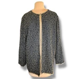Vintage 90s Black Beaded Jacket Plus Size Metallic Gold Sequin Partywear Evening